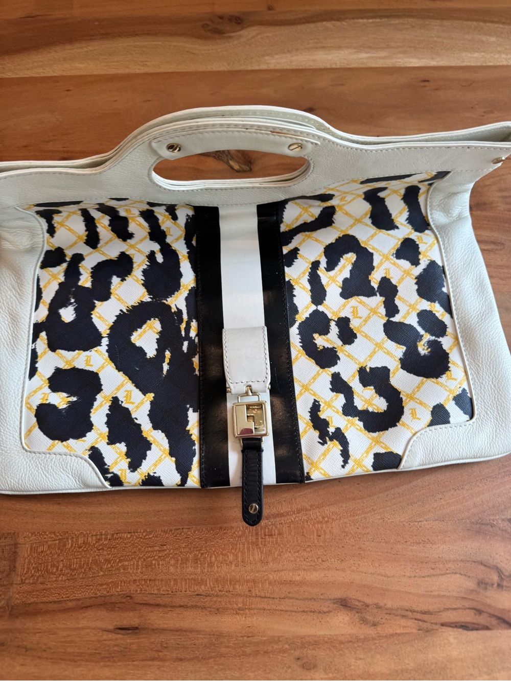 L.A.M.B. by Gwen Stefani Leopard Print Leather Clutch Purse White Black Gold - Picture 3 of 12